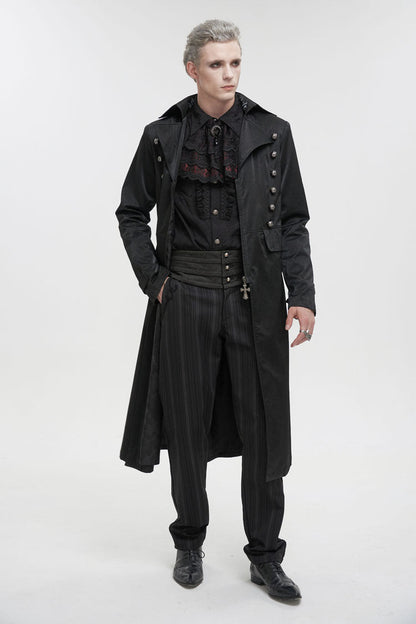 Black Lapel Collar Double Breasted Metal Cross Zip Men's Gothic Long Coat