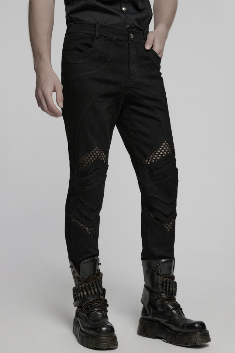 Black Pleated Stitching Mesh Men's Punk Pants