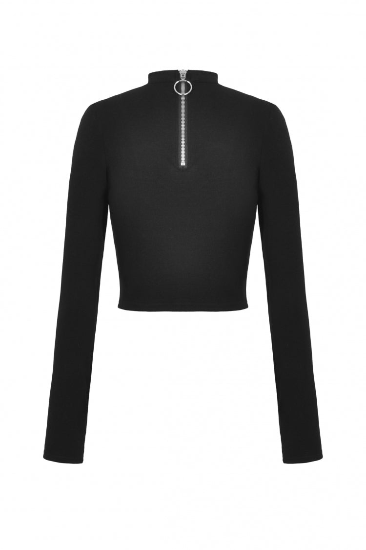 Black Long Sleeves Cut-Out Spliced Mesh Zippered Strappy Eyelet Women's Punk Crop Top