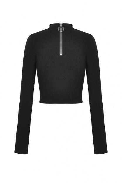 Black Long Sleeves Cut-Out Spliced Mesh Zippered Strappy Eyelet Women's Punk Crop Top