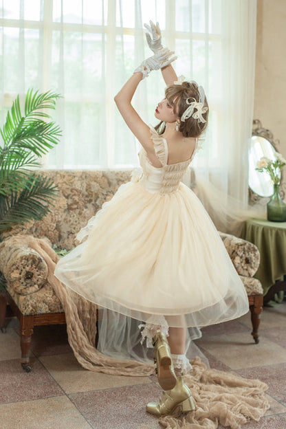 Beige Ruffled Strap Bow Sleeveless Sweet Lolita JSK Dress