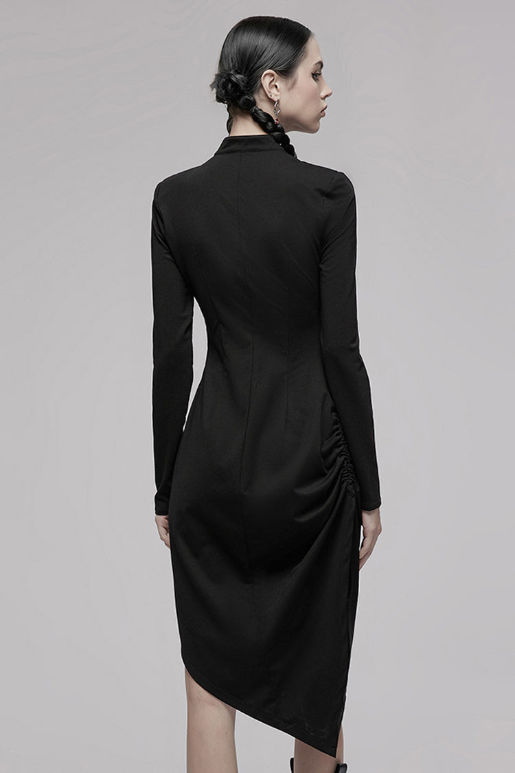 Black Improved Cheongsam Pointed Hem Drawstring Design Cheongsam Collar Long Sleeve Long Women's Punk Dress