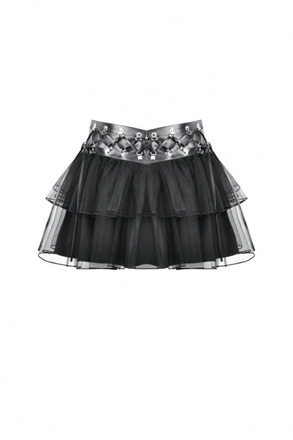 Black Multi-Layered Lace Mesh Women's Punk Short Skirt with D-Ring Ties Waist