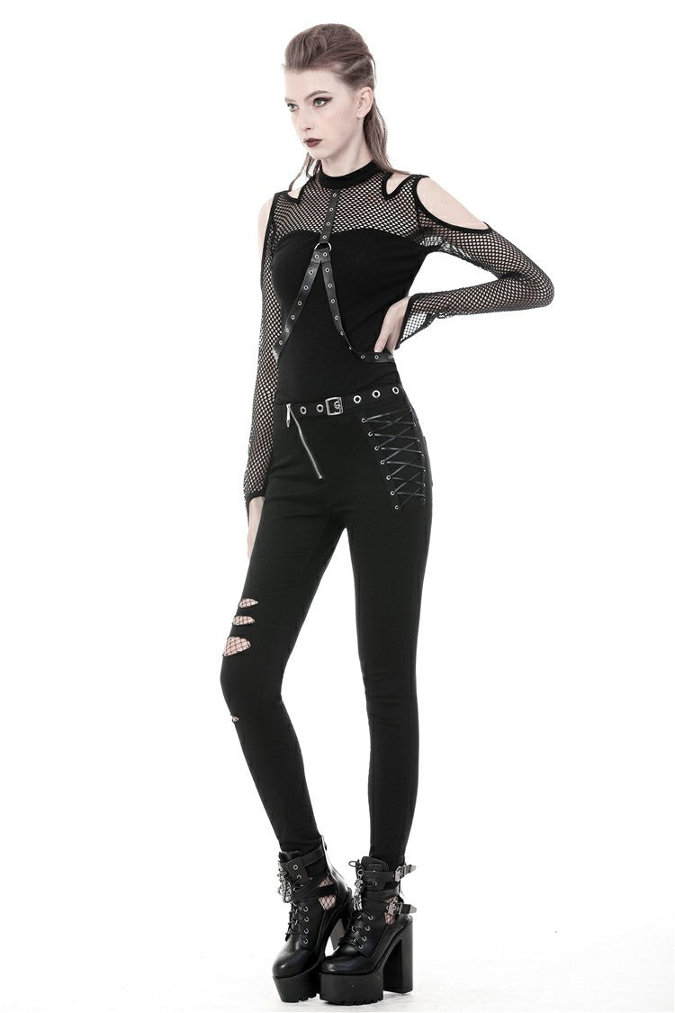 Black Off Shoulder Long Sleeves Mesh Crossed Harness Straps Eyelet Sexy Women's Punk Top