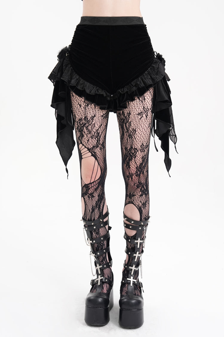 Black Plumed Ruffle Mesh Women's Gothic Shorts
