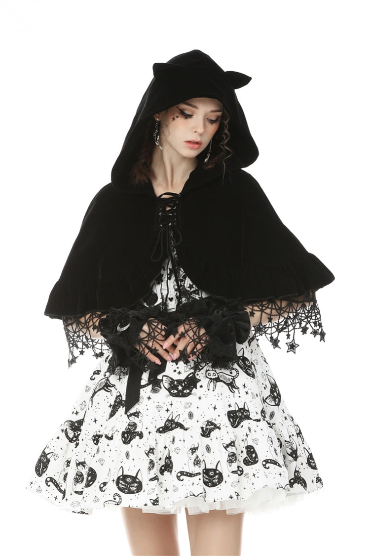Black Lace-Up Women's Lolita Cat Ears Hooded Cape with Star Tassels