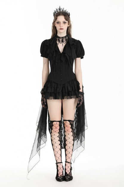 Black Multi-Layered Deep V Collar Pleated Short Puff Sleeves Lace-Up Gothic Blouse