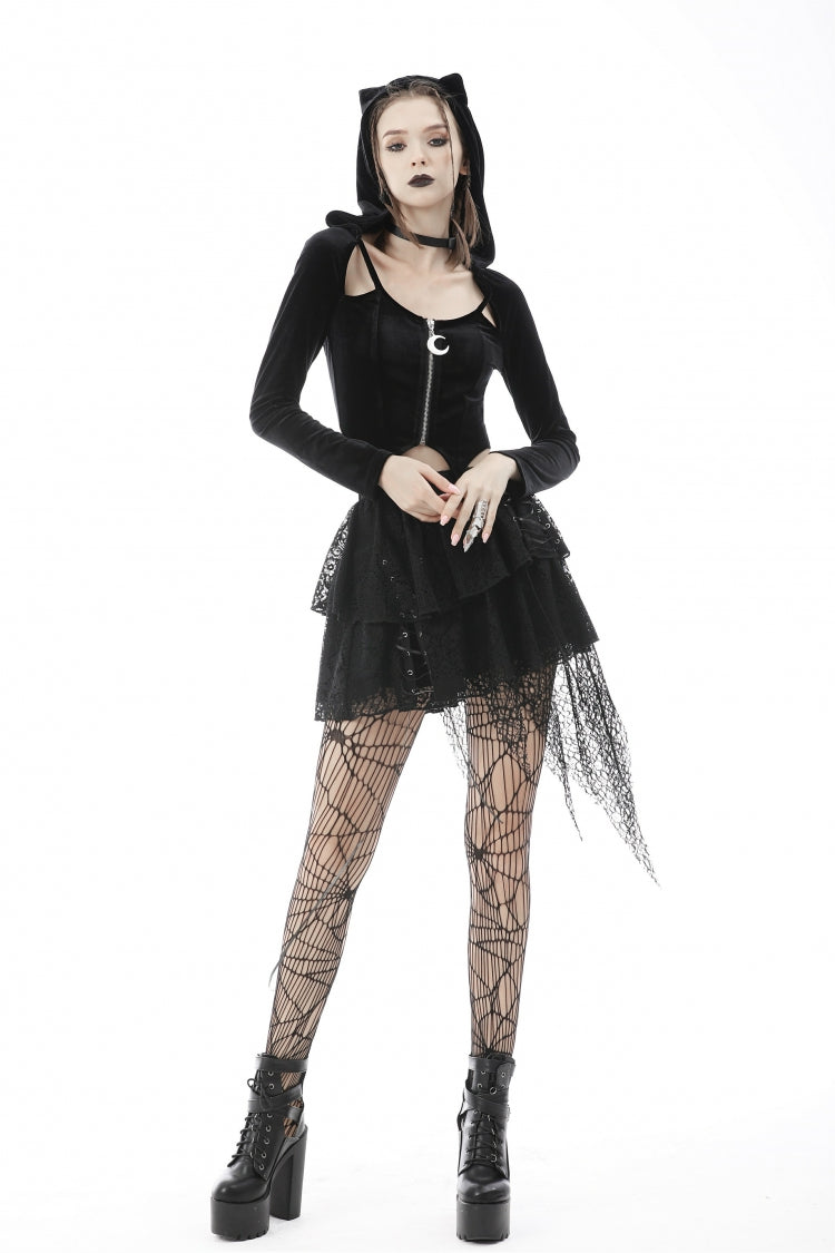 Black Long Sleeves Irregular Moon-shaped Zipper Women's Punk Crop Top with Cat's Ears Hood