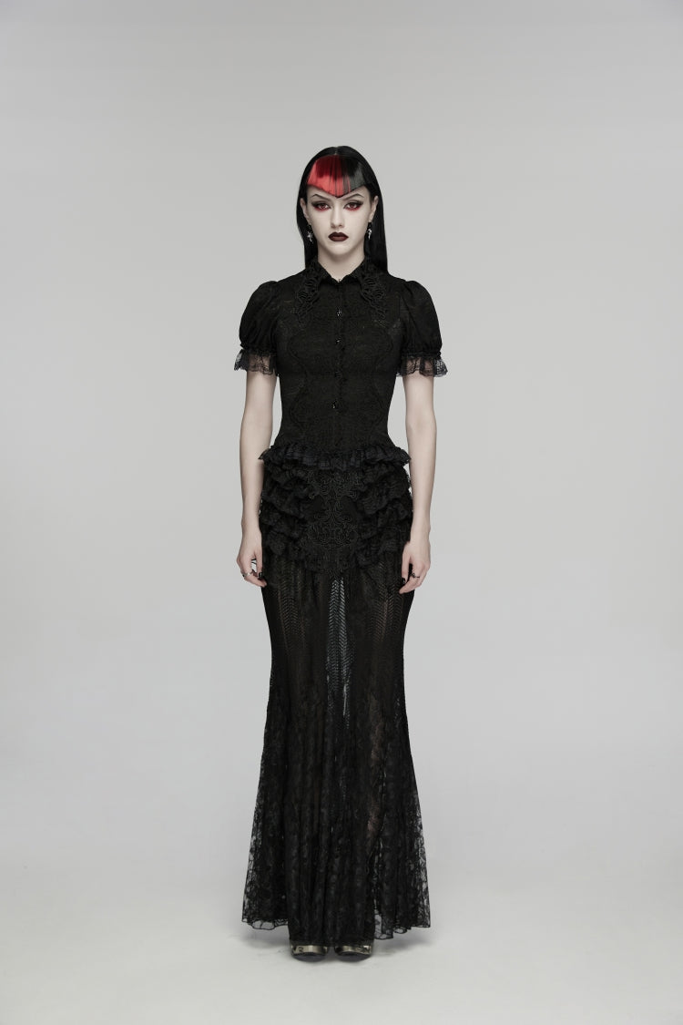 Black Embroidered Spliced Ruffled Lace Slim Mesh Women's Gothic  Mermaid Skirt