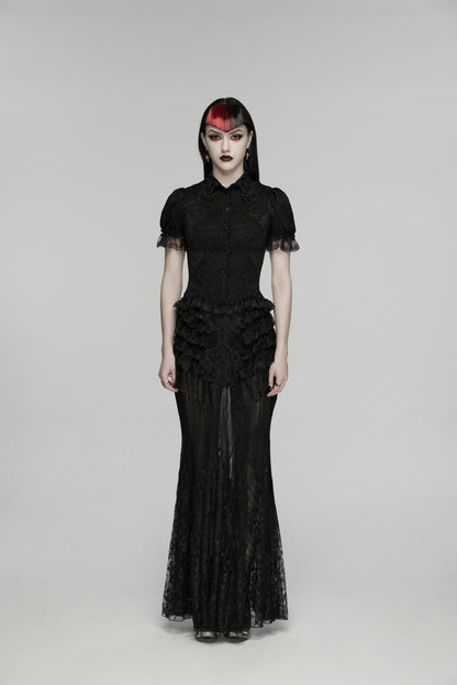 Black Embroidered Spliced Ruffled Lace Slim Mesh Women's Gothic  Mermaid Skirt
