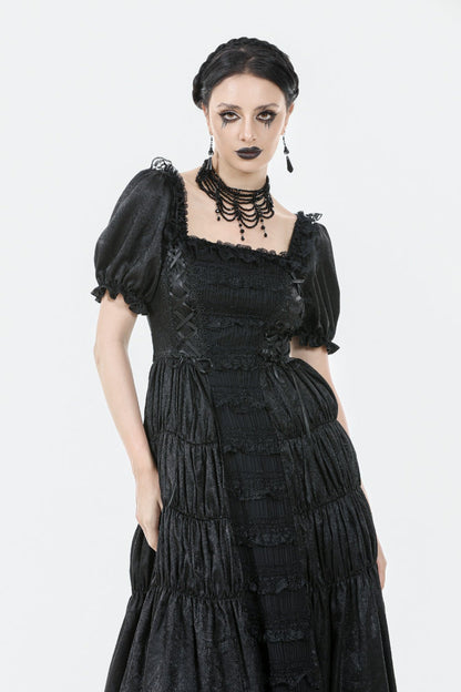 Black Lace Square Collar Short Puff Sleeves Lace-Up Ruched Women's Gothic Wedding Dress