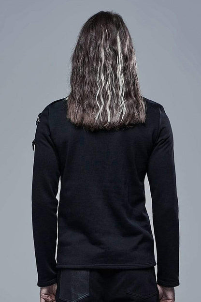 Black Long Sleeve Knit Front Splice Imitation Leather Lace Up Men's Punk T-Shirt