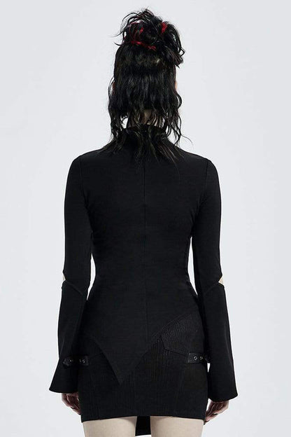 Black Gothic Stretch Knitted Fabric Spliced Geometric Mesh Design Women's Long Sleeve T-Shirt