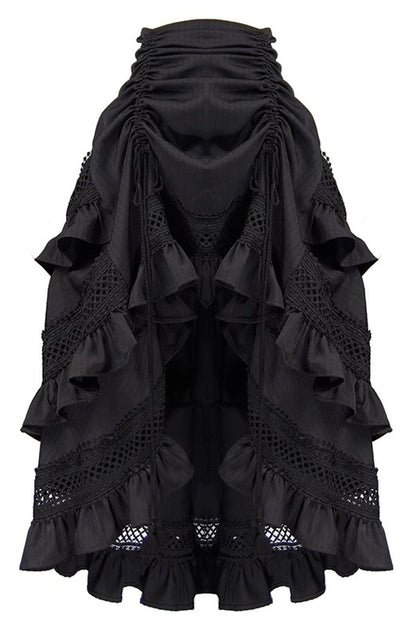 Black Multi-layer Ruffle Hollow Tassel Drawstring Gothic Punk Long Skirt