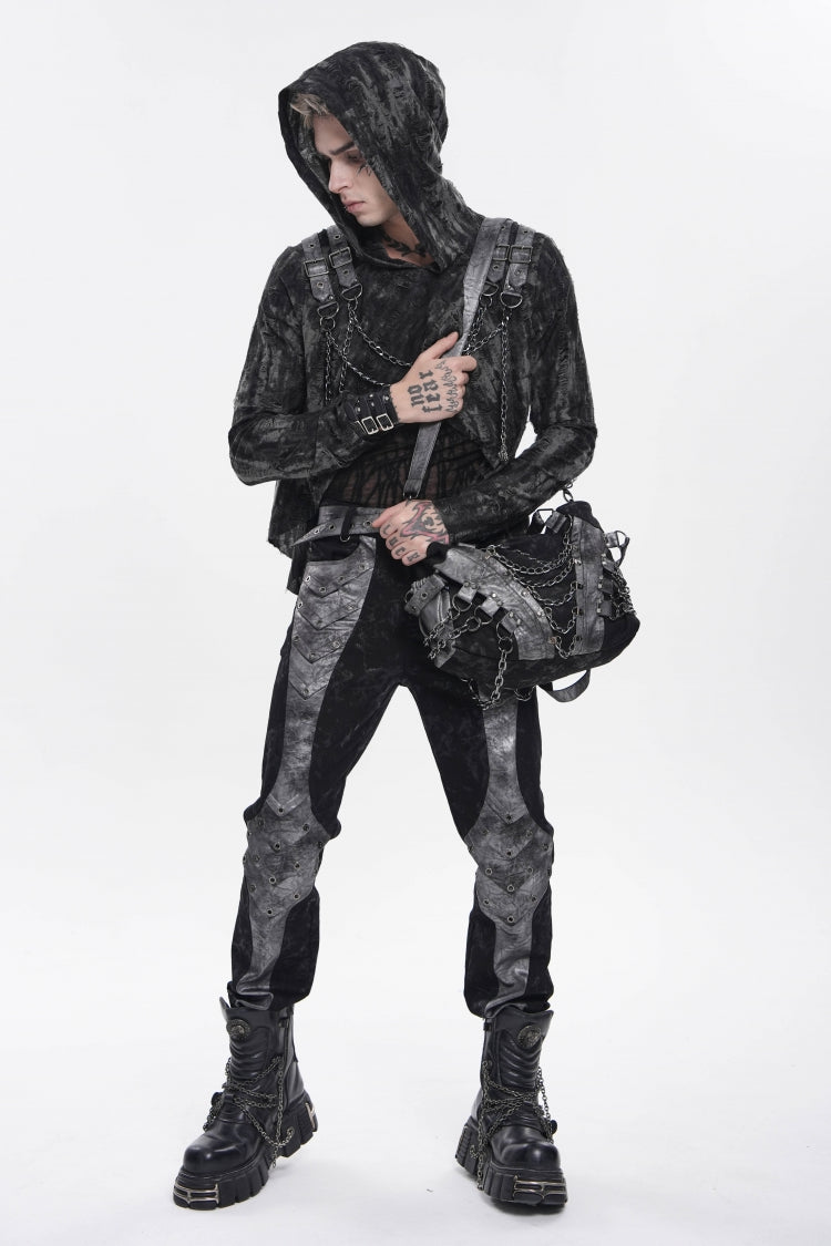 Black Long Sleeves Spliced Hooded Mesh Ripped Faux Two-Piece Zippered Eyelet Men's Punk T-Shirt