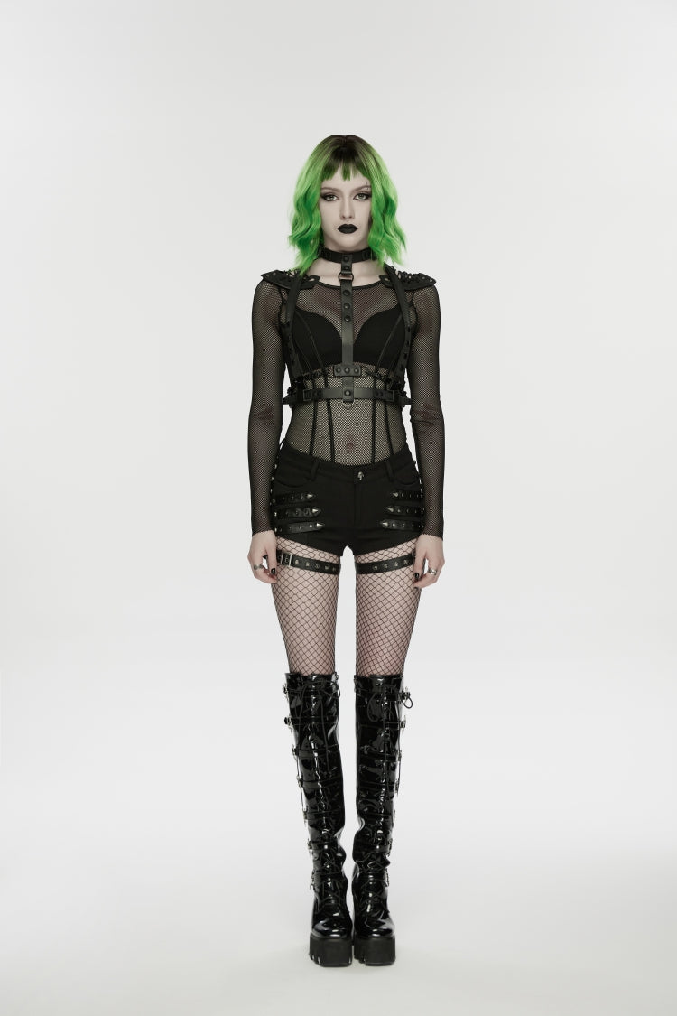 Black  Studded Women's Punk Shorts with Detachable Leg Harnesses