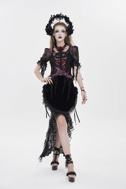 Black Embroidered Rose Lace-up Irregular Women's Gothic Hem Skirt