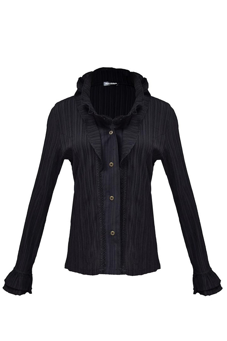 Black Long Sleeves Lotus Leaf Collar Slim Womens Classic Gothic Blouse