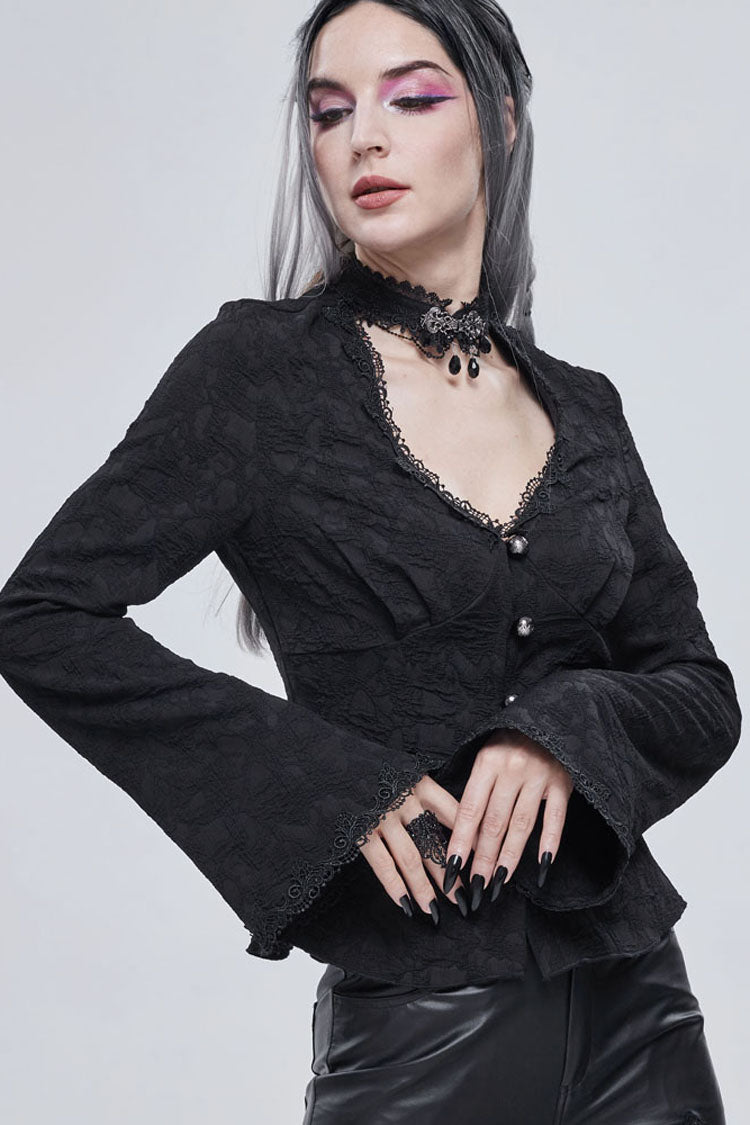 Black Gothic V-Neck Metal Buttons Pendant Lace Jacquard Frenulum Long Sleeves Women's Shirt