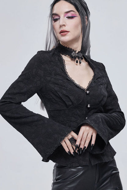 Black Gothic V-Neck Metal Buttons Pendant Lace Jacquard Frenulum Long Sleeves Women's Shirt