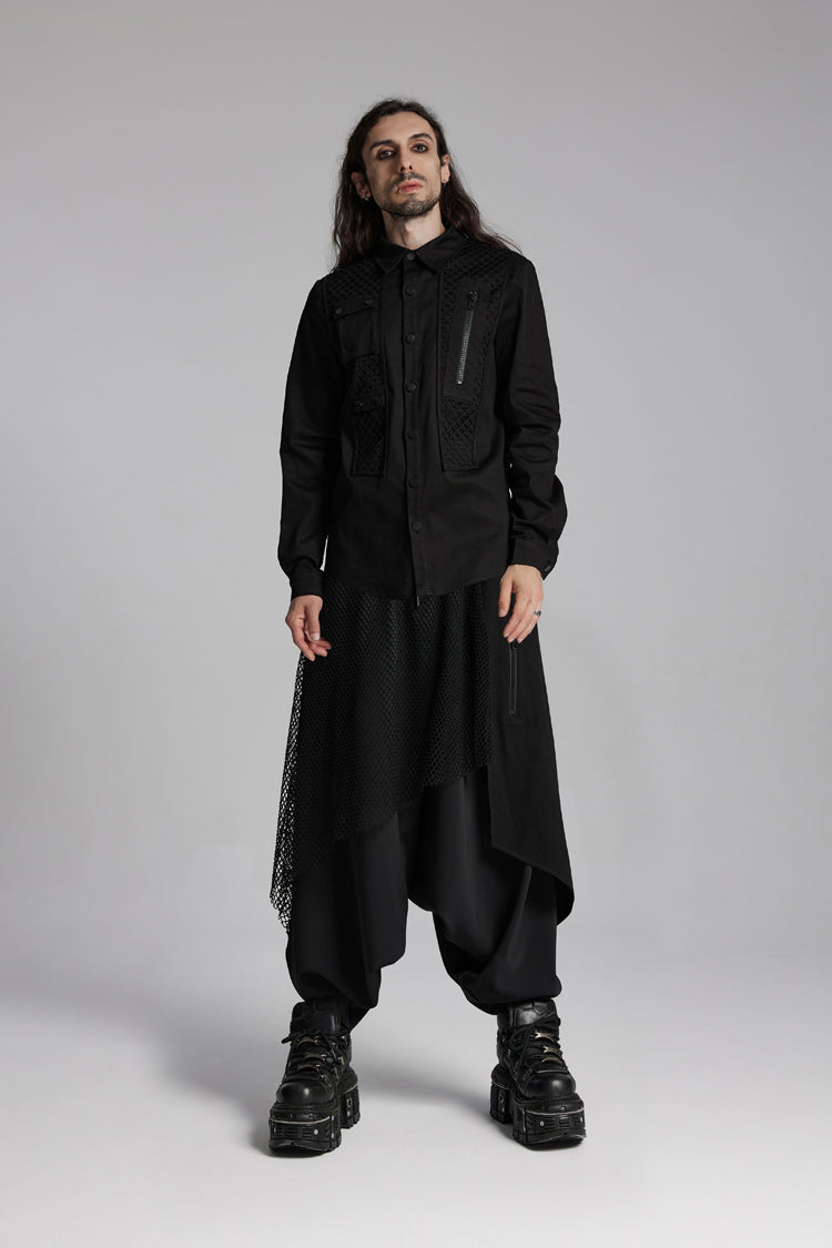 Black Lapel Collar Long Sleeves Zip Mesh Pocket Men's Punk Blouse