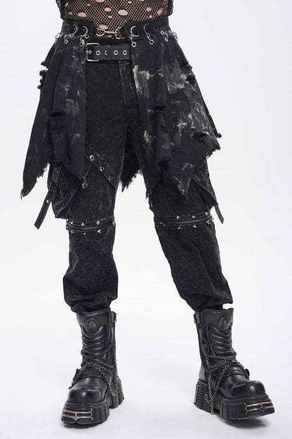 Black Irregular Ripped Buckled Pleated Chain-Decorated Men's Punk Skirt