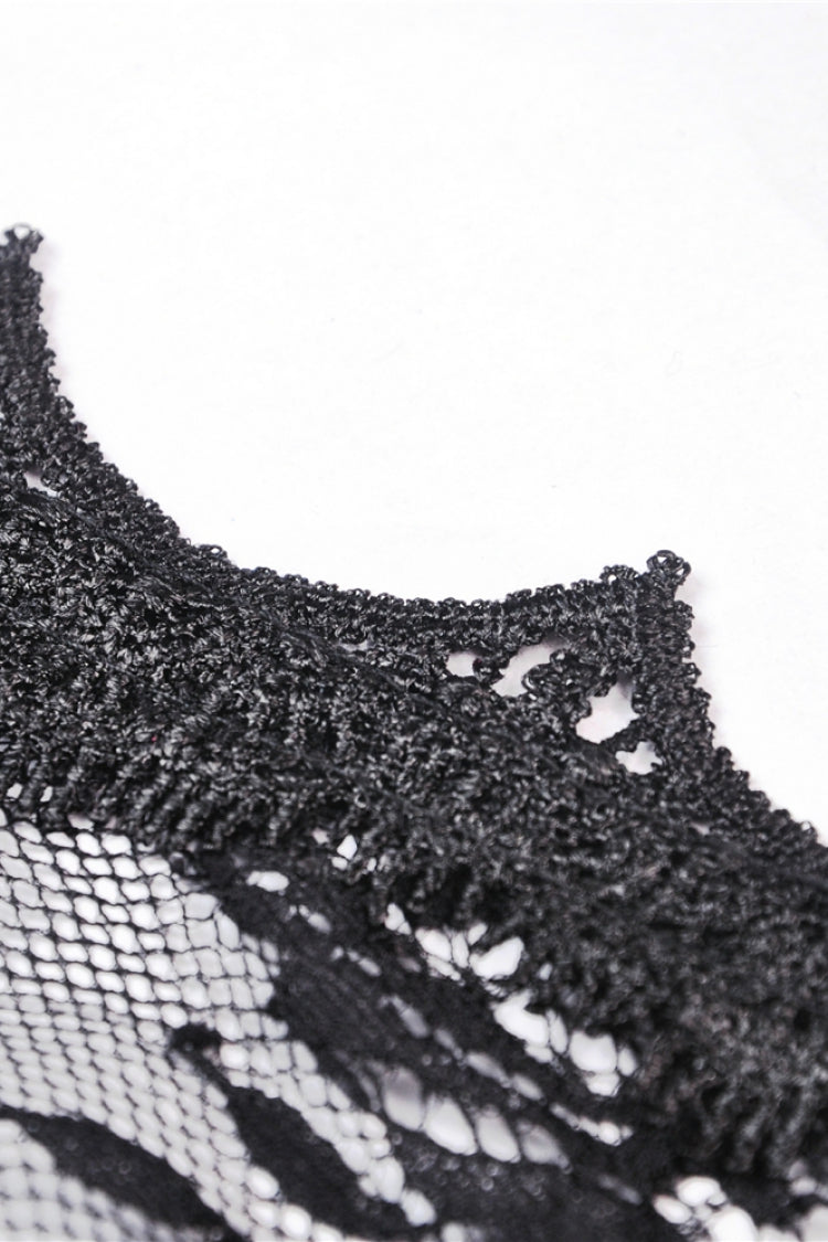 Black Long Trumpet Sleeves Sheer Floral Lace Women's Gothic Maxi Cloak with Belts