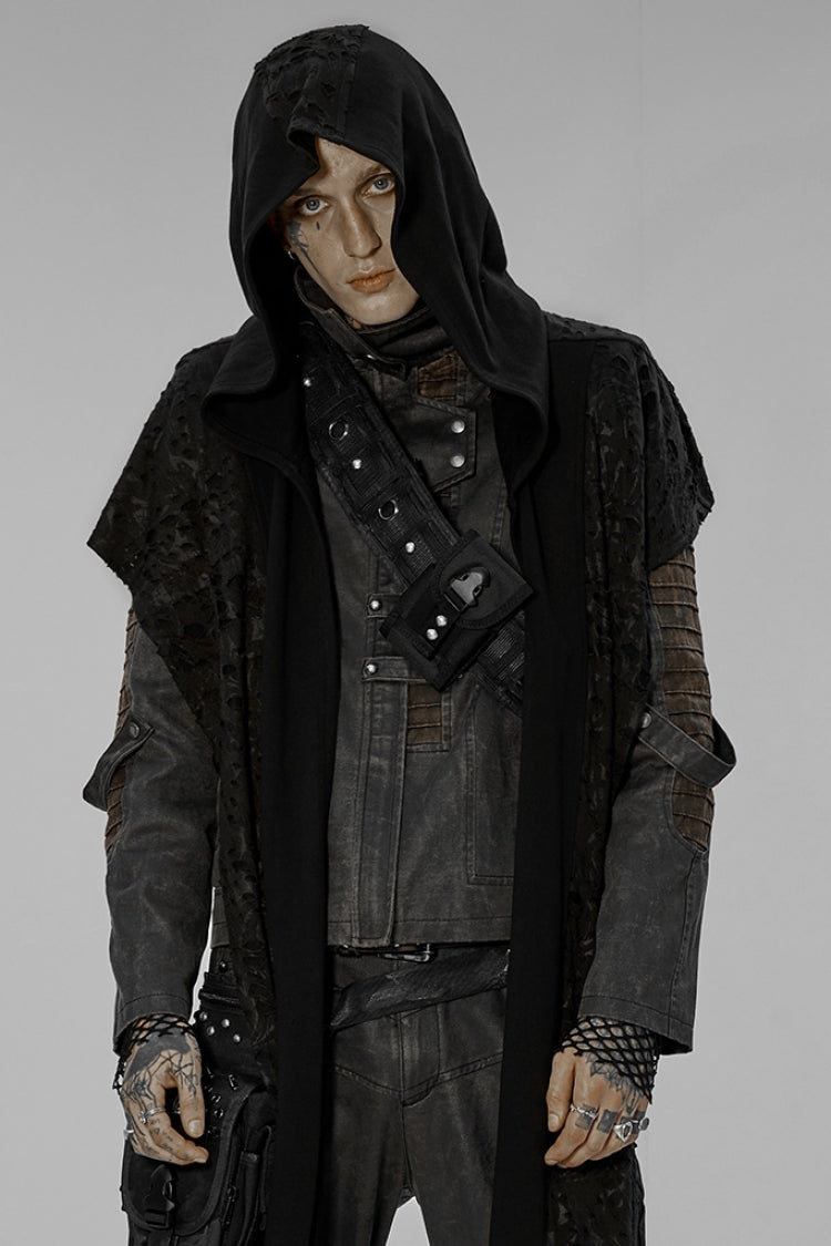 Black Irregular Hooded Ripped Men's Gothic Scarf