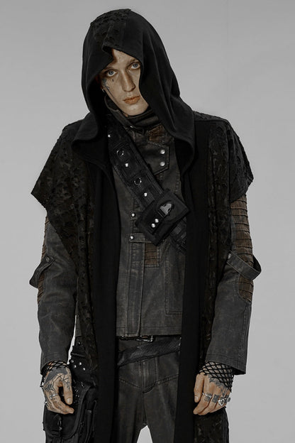 Black Irregular Hooded Ripped Men's Gothic Scarf