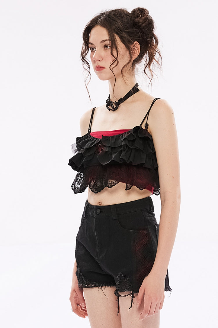 Black Multi-layer Hollow Stitching Lace Women's Gothic T-Shirt