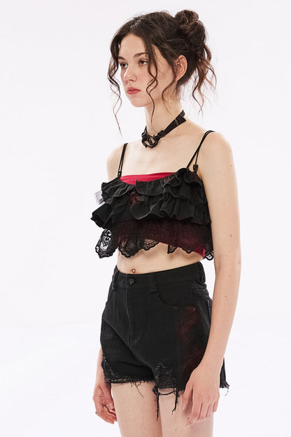 Black Multi-layer Hollow Stitching Lace Women's Gothic T-Shirt