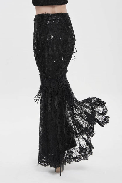 Black Double-Layered Embroidered Lace Slim Pearl-Decorated Women's Gothic Skirt
