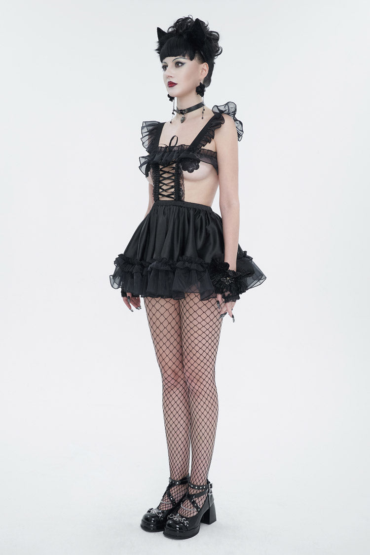 Black Glossy Sheer Ruffled Stretch Sexy Women's Gothic Maid Dress