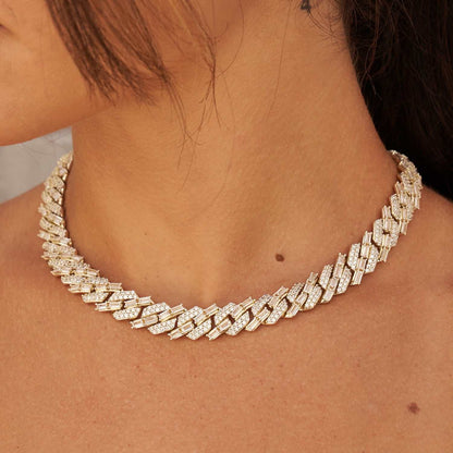 12mm Mixed Stone Diamond Cuban Necklace - Yellow Gold