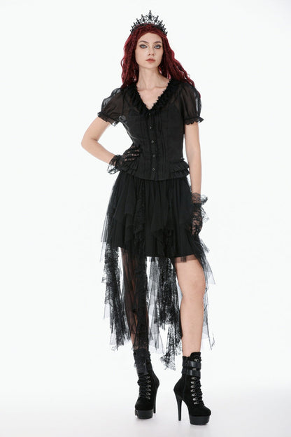 Black Deep V Collar Short Puff Sleeves Multi-Layered Ruffled Lace Sheer Women's Gothic Blouse