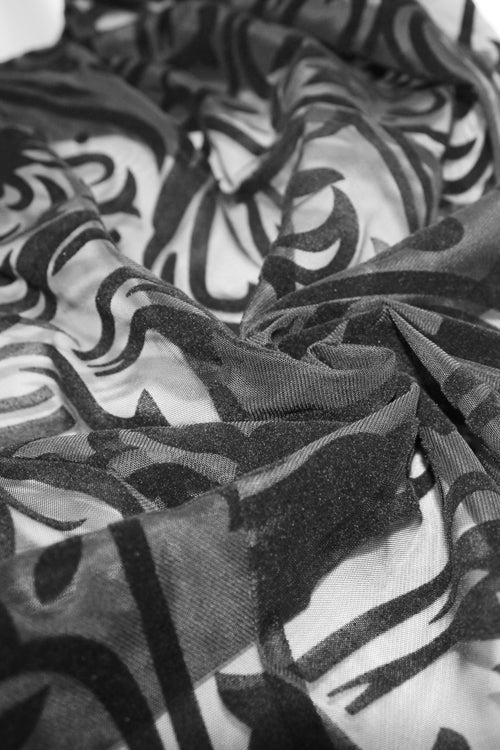 Black Irregular Hem Court Flocking Printed Mesh Sexy Package Hip Fishtail Gothic Skirt