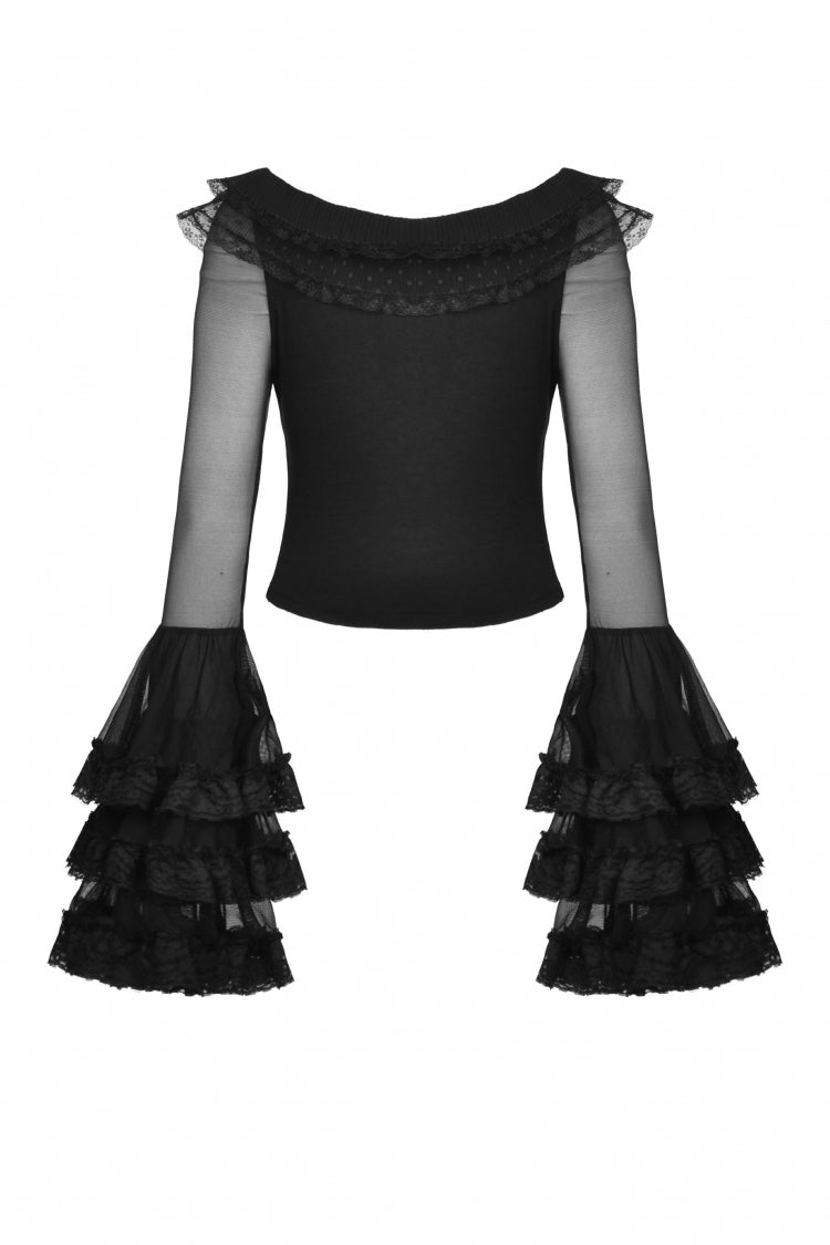 Black Multi-Layered Ruffled Lace Long Trumpet Sleeves Women's Gothic Princess Sexy Top