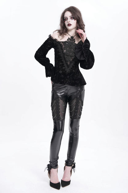 Black Chain Faux Leather Stitching Lace Women's Gothic Pants