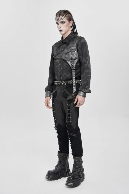 Black Long Sleeves Print Stitching Asymmetric Bullet Men's Punk Blouse