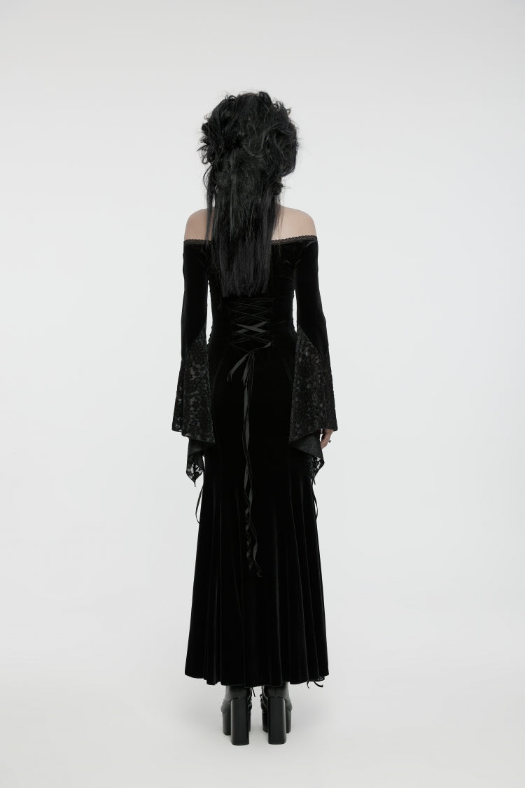 Black Off Shoulder Long Trumpet Sleeves Embroidered Spliced Lace Lace-Up Women's Gothic Gorgeous Palace Strapless Velvet Dress