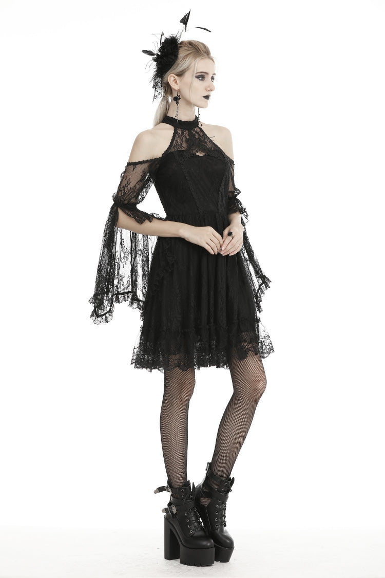 Black Off Shoulder Halterneck Long Sleeves Lace Women's Gothic Dress