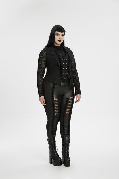 Black Lapel Collar Jacquard Spliced Lace Faux Two-Piece Pleated Women's Plus Size Gothic Vest
