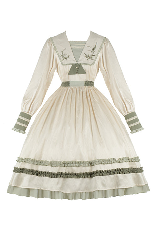 Beige Embroidered Large Lapel Collar Long Sleeves High Waisted Long Sweet Lolita OP Dress