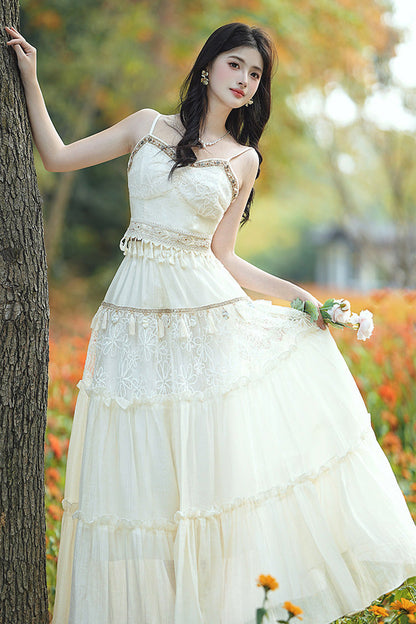 Apricot Bohemian Style Sleeveless Ruffled Embroidered Sweet Lolita Skirt Set