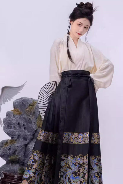 Black Chinese Style Print High Waisted Womens Hanfu Skirt