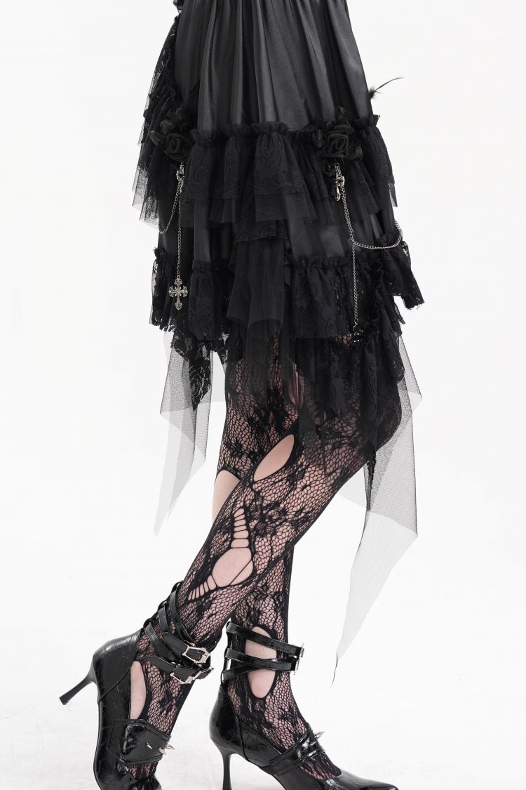 Black Cross Chain Ruffle Lace Irregular Hem Women's Gothic Skirt