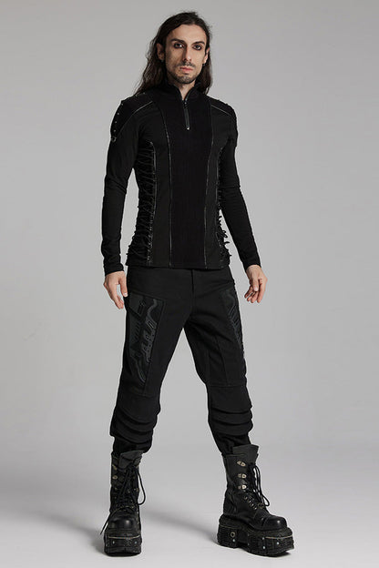 Black Long Sleeves Rivet Zipper Drawstring Men's Punk Blouse