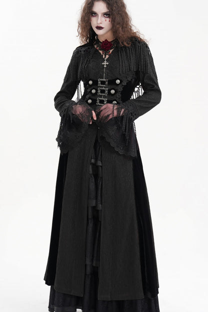 Black Buckle-up Tassels Hooded Women's Gothic Coat