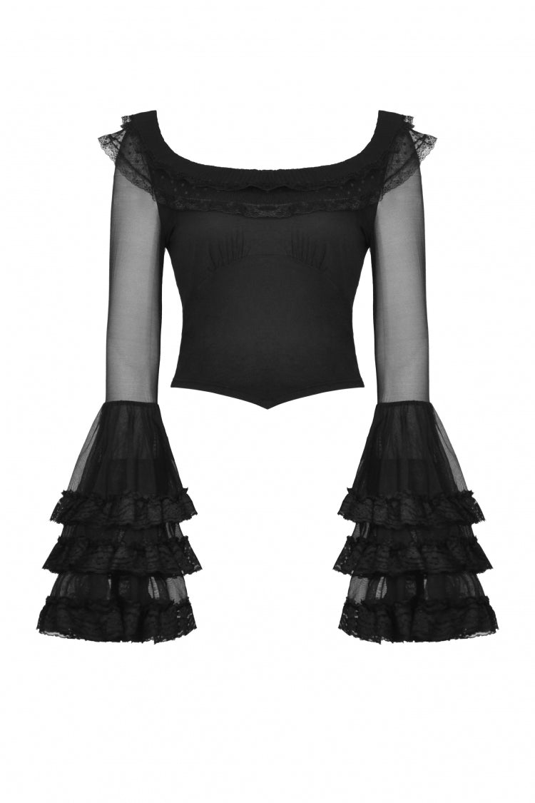 Black Multi-Layered Ruffled Lace Long Trumpet Sleeves Women's Gothic Princess Sexy Top