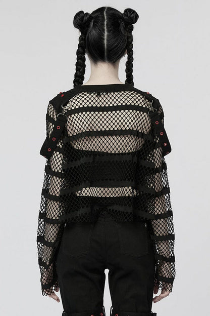 Black Long Sleeves Lace-Up Sheer Mesh Womens Steampunk T-Shirt